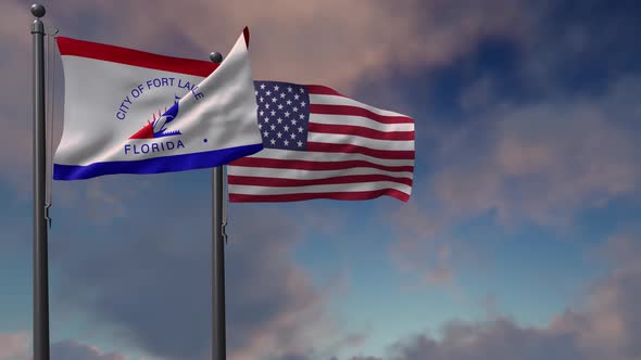 Fort Lauderdale City Flag Waving Along With The National Flag Of The USA - 4K