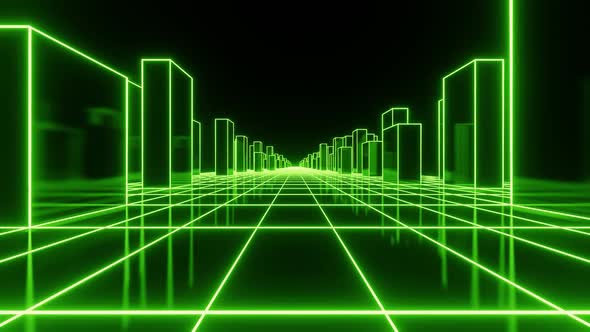 Abstract 3D green hologram cyberspace buildings.