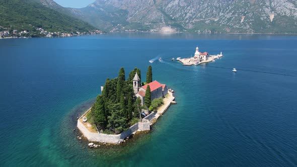Perast Montenegro Drone Aerial View of Kotor Bay Islands With Catholic Church