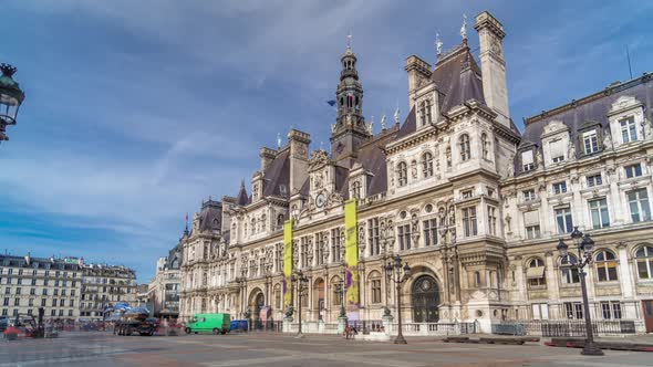 Hotel De Ville or Paris City Hall Timelapse Hyperlapse in Sunny Day