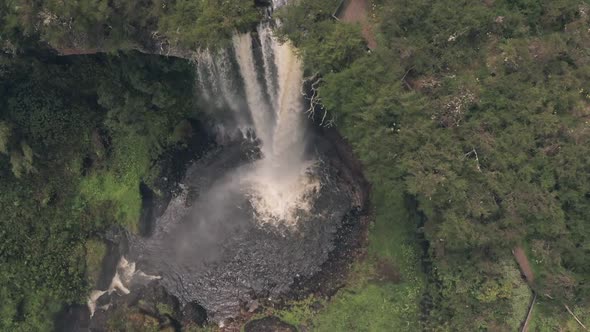 Chania Waterfall in Aberdare National Park, Kenya, Africa. Aerial drone view of falls