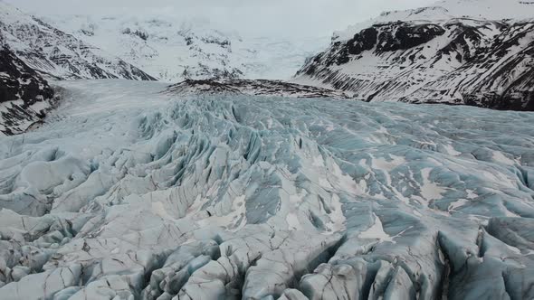 Aerial view of Svinafellsjokull Glacier in wintertime in Iceland.