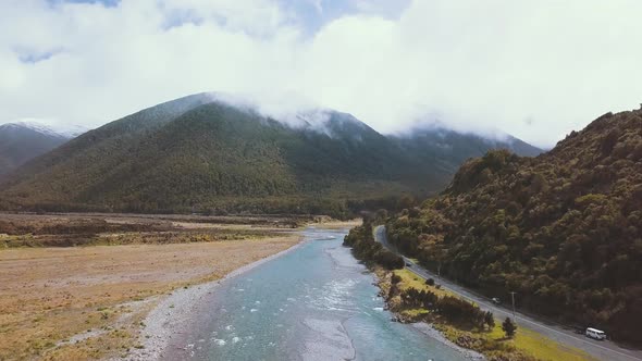Drone Flyover of the Lewis Pass and Boyle River in New Zealand - Dolly Shot