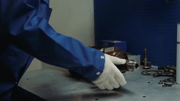 Engineer Mechanic Hands Fixing Engine Power Transmission Gears Box Man Warehouse Service Auto Car