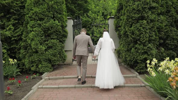 Newlyweds. Caucasian Groom with Bride Walking in Park. Wedding Couple