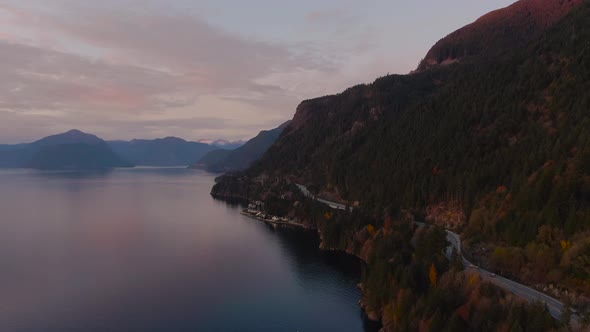 Sea to Sky Hwy in Howe Sound near Horseshoe Bay, West Vancouver, British Columbia, Canada. Aerial pa