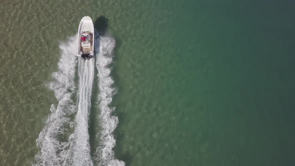 Top down aerial of white speed boat wake in shallow sunny green lagoon