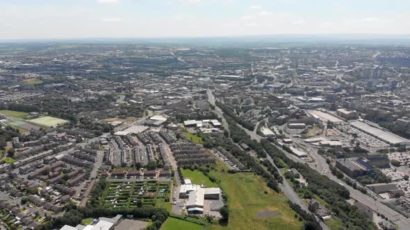 Aerial footage of the British West Yorkshire town of Bradford