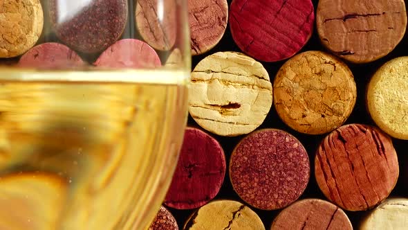 Pouring wine into a glass against the background of wine corks.	