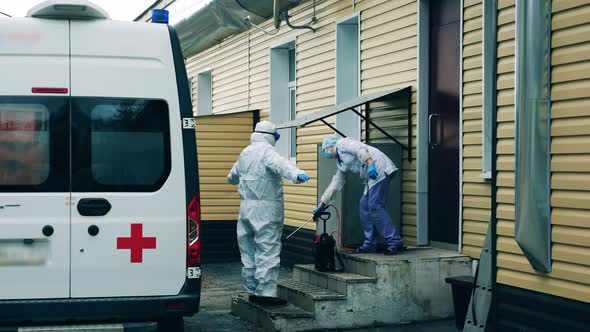 Hospital Worker Is Disinfecting Ambulance Staff