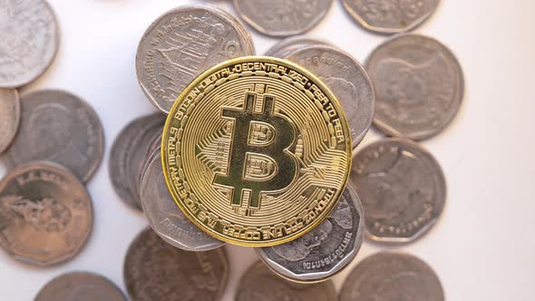 Stop motion animation Dollar cash money bills moving in and out with Bitcoin Crypto placed. alt