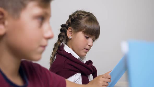 Two Lovely Elementary School Pupils Reading Books Sitting Behind Desk in Classroom