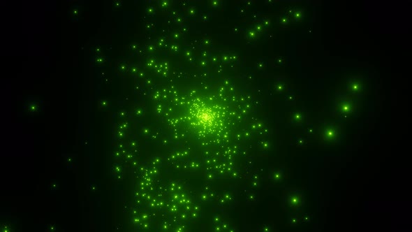Emergence and spread of green particles from center. Explosion of elementary
