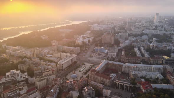 Kyiv Kiev Ukraine at Dawn in the Morning. Aerial View