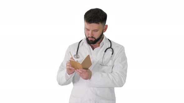 Turk Doctor Holding Pen and Notebook Looking for Idea on White Background