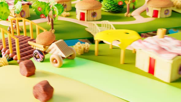 Beautiful land made of fast food and sweets. The wonderful world of tasty snacks