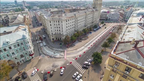 Constitution Square with Historical Buildings Aerial Timelapse in Kharkiv Ukraine