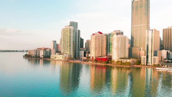 Amazing Drone Aerial View of Downtown Miami and Brickell Key at Dawn Florida