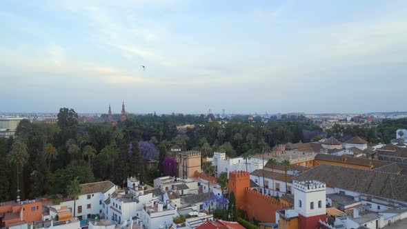 Rising View of the City of Seville, Spain in the Evening