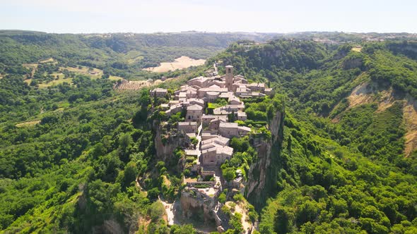 Panoramic Aerial View of Civita Di Bagnoregio Medieval Town Perched on a Mountain Italy