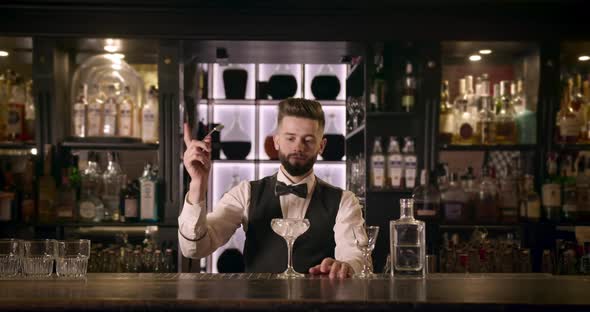 A Professional Bartender Is Doing Some Trick with a Long Spoon and Turning the Ice in the Glass