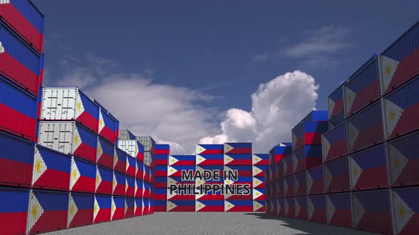 Cargo Containers with MADE IN PHILIPPINES Text and Flags