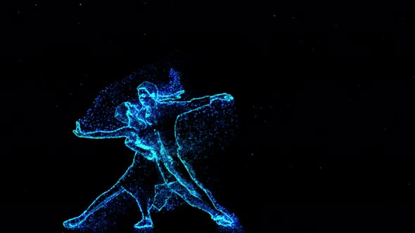 Couple is Dancing a Ballet of Blue and Gold Particles