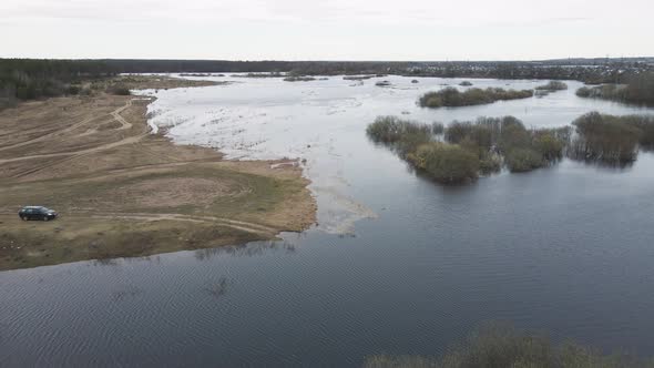 Spring Flood Aerial View Shore and Field Flooded