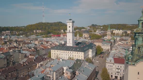 Aerial City Lviv, Ukraine. European City. Popular Areas of the City. Town Hall