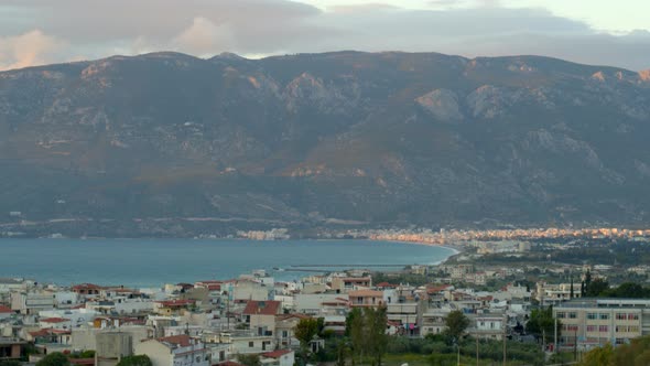 Forward Aerial Pan of Loutraki on the Gulf of Corinth Greece