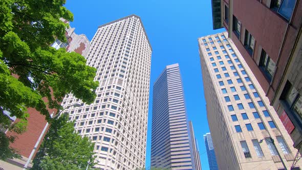 High rising business buildings in centre of Seattle, low POV
