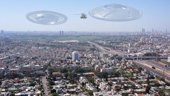 Alien Spaceships Hovering Over Large City (2 Pack)