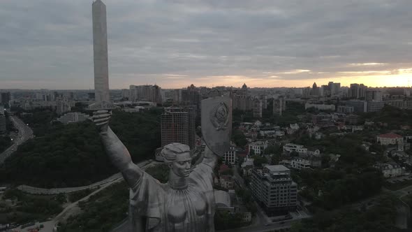 Steel Monument of Motherland in Kyiv View of the City in the Background