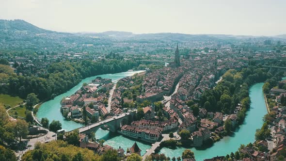 Aerial Footage Over the City of Bern the Capital City of Switzerland the Historic District From