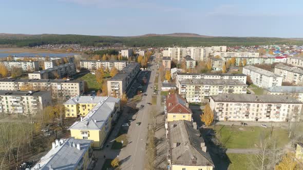 Aerial view of A provincial Russian city with low buildings. Autumn sunny day 41