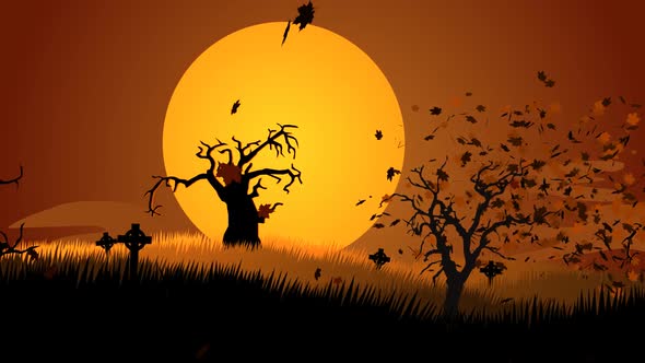 Haunted graveyard with old tombstones and dark silhouettes of spooky trees.