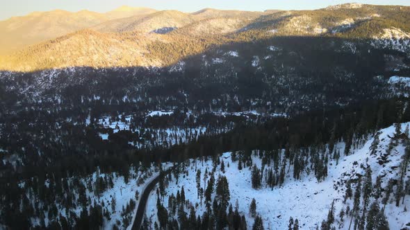 Flying on a winter day in a valley shaded by the mountains with pine trees and snow on the ground.