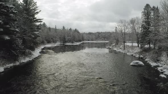 Icy waters of Piscataquis river. Maine. USA. Aerial lockdown