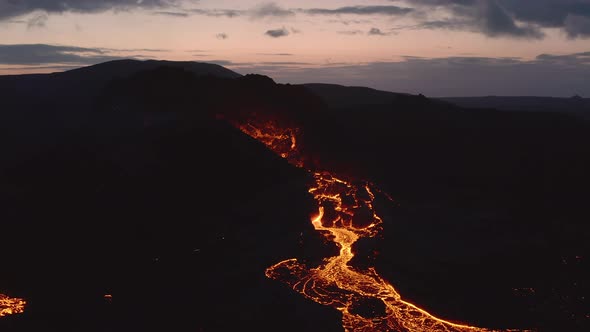 Lava River Flowing In The Valley From Fagradalsfjall Volcano In Iceland. - aerial