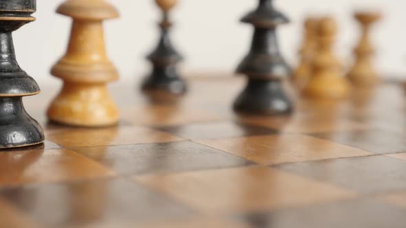 Shallow DOF end of game of wooden chess match slow-mo 1920X1080 HD  footage -  Slow motion of white 
