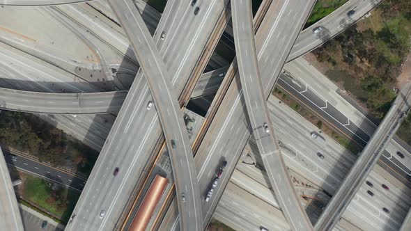 AERIAL: Spectacular Turning Overhead Shot of Judge Pregerson Highway Showing Multiple Roads, Bridges