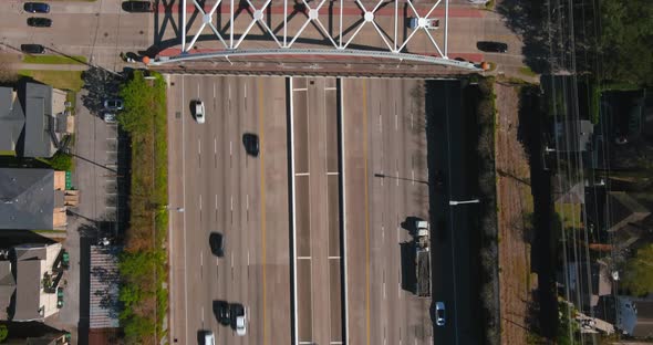 Aerial of cars on 59 South freeway in Houston, Texas on a bright sunny day