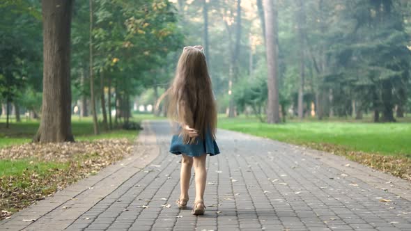 Rear view of a little child girl in summer dress walking alone in green park.