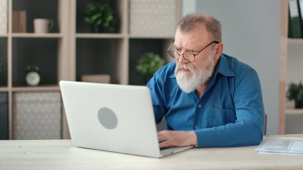 Confident Elderly Bearded Business Male Working Typing Use Laptop at Desk in Comfortable Home