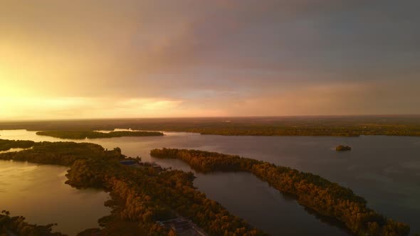 Amazing Aerial Dramatic Colorful Sunset Sky Over Big River Dnipro in Ukraine