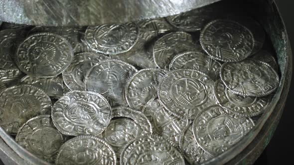 Ancient Viking Age Silver Coins on Treasure Box