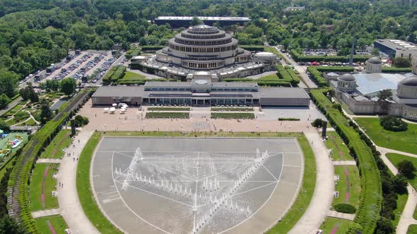 Aerial view of the Multimedia Fountain next to Centennial Hall, Wroclaw, Poland
