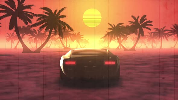 80's Cartoon Car And Palm Trees Desert And Sunset Loop Part 2