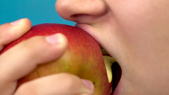 Teenager Girl with Braces on Her Teeth Eats a Red Apple on a Blue Background. Girl with Colored