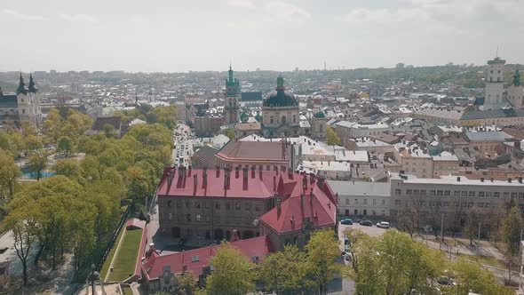 Lvov, Ukraine. Aerial City Lviv, Ukraine. Panorama of the Old Town. Dominican